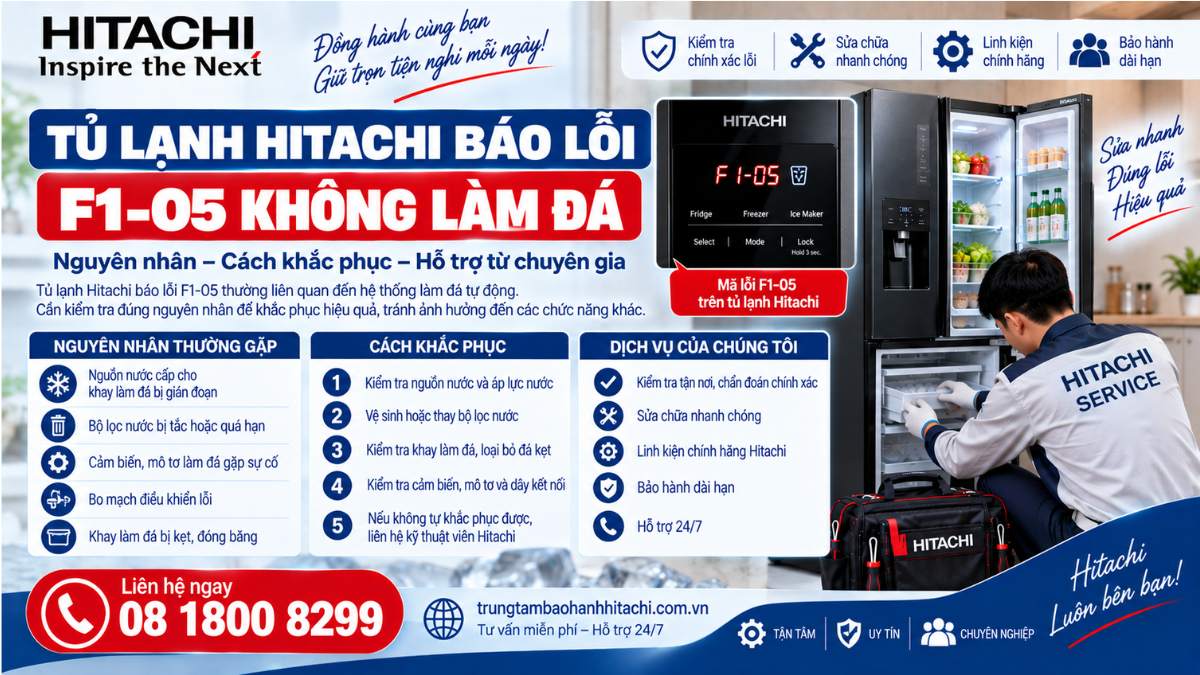 Tủ Lạnh Hitachi Báo Lỗi F1-05 Không Làm Đá https://trungtambaohanhhitachi.com.vn Lh 08 1800 8299